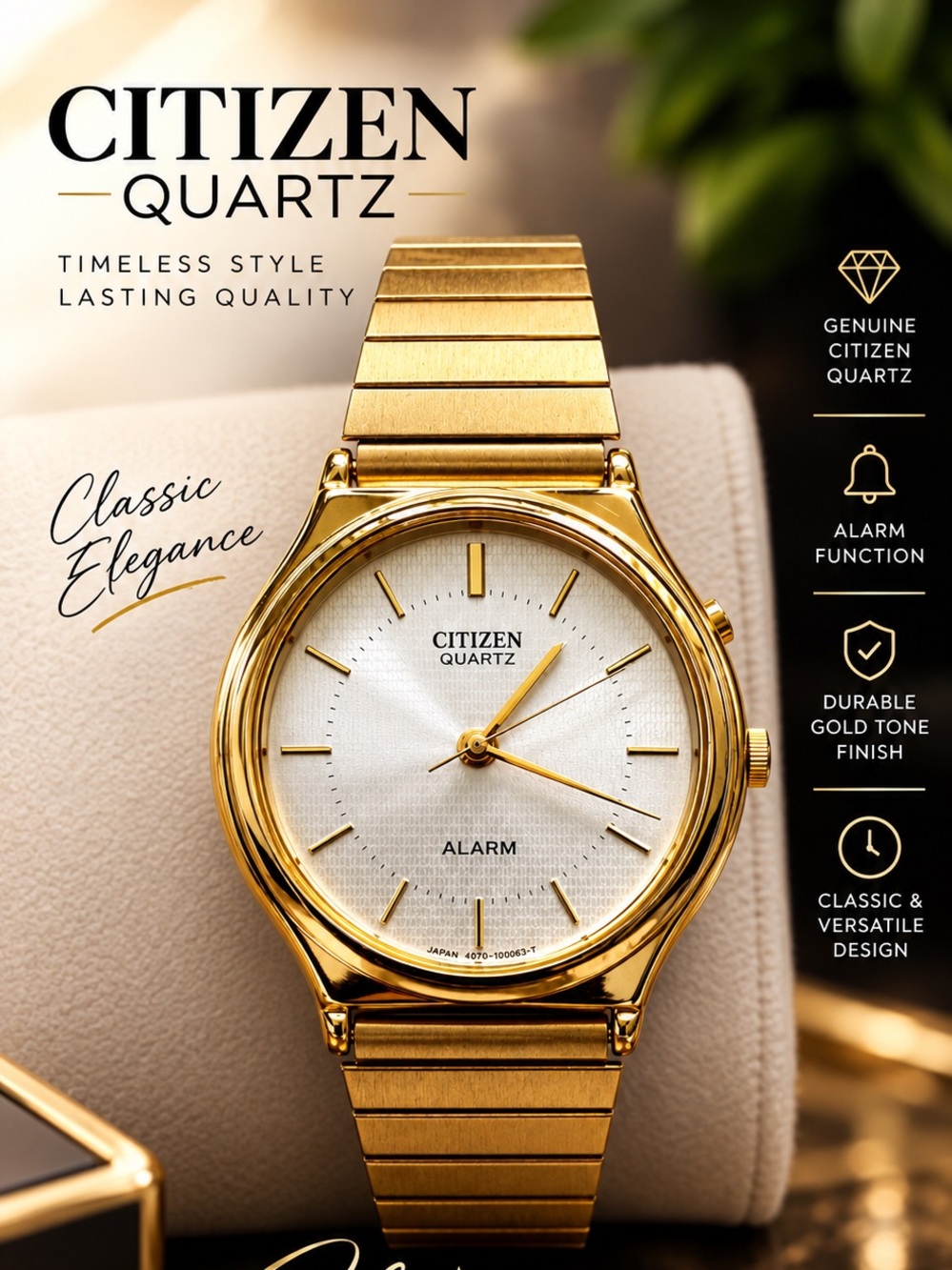 Citizen Gold-Tone Men's Alarm Watch with White Dial and Gold Markers